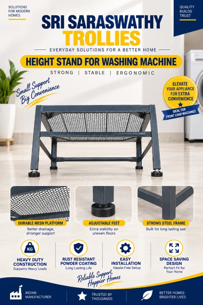 Ergonomic Height Stand and Elevated Pedestal for Front Load Washing Machine by Sri Saraswathy Trollies
