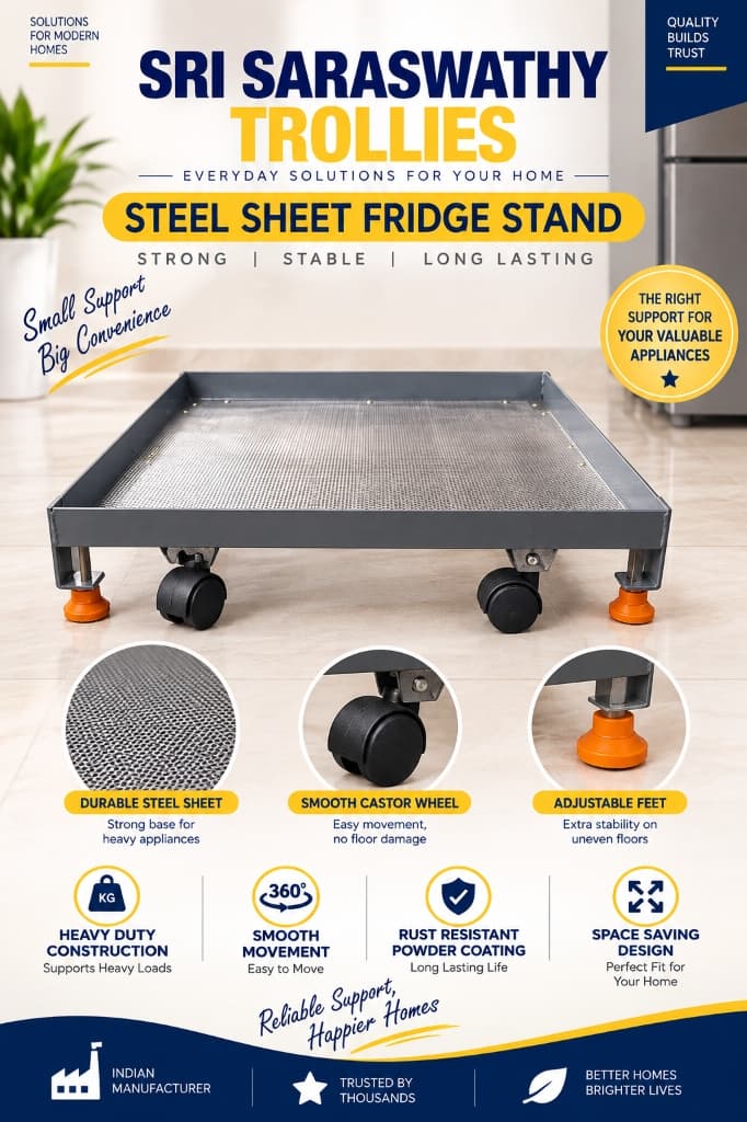 Steel Sheet Heavy-Duty Refrigerator Stand with Adjustable Feet by Sri Saraswathy Trollies