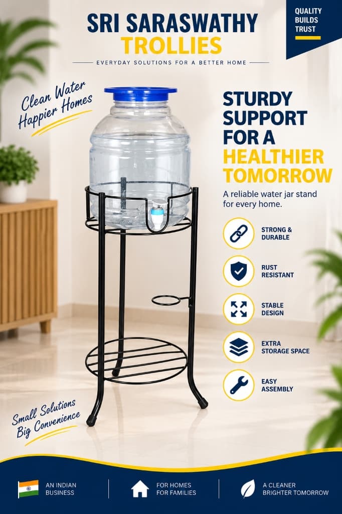 Sturdy Steel 20-Liter Water Jar and Dispenser Stand with Cup Storage